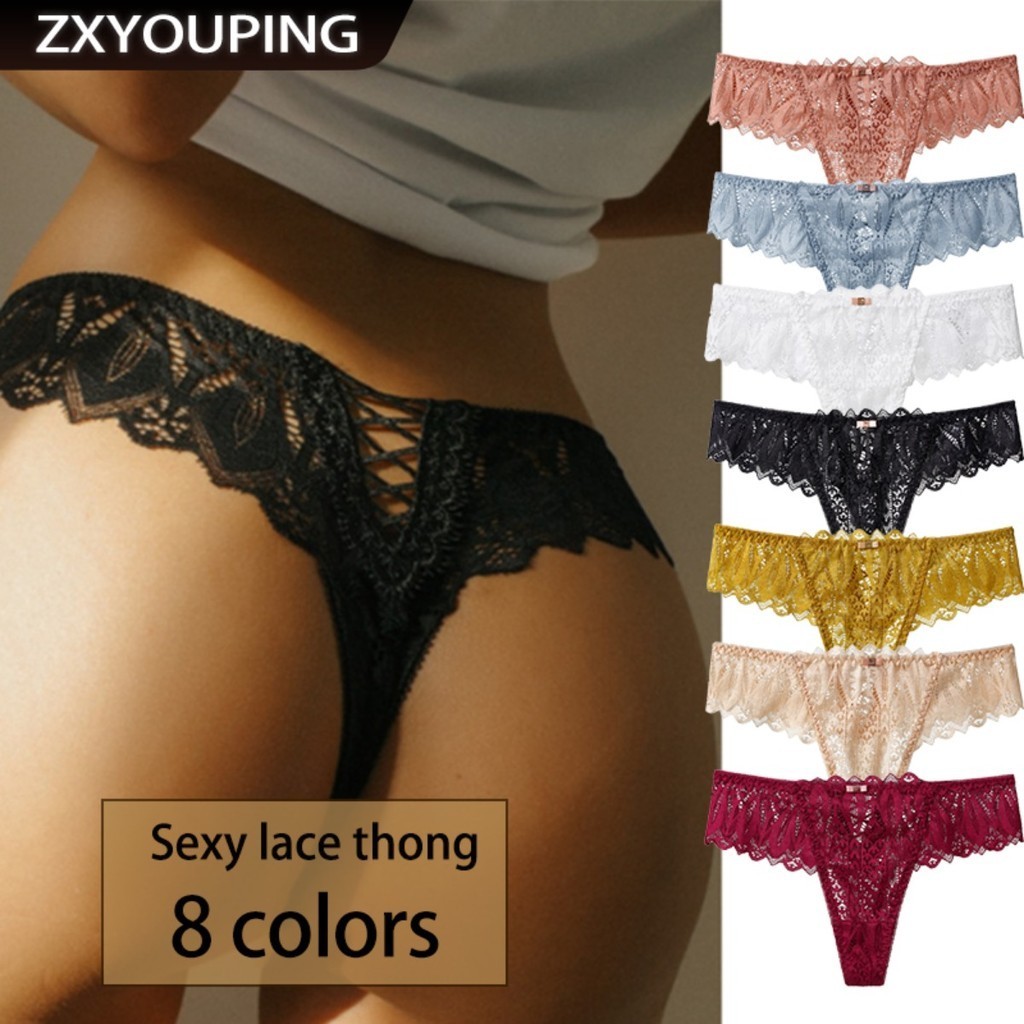 Zxyouping กางเกงชั้นในสตรีเซ็กซี่ลูกไม้ทองต่ําเอว Hollow G String T กลับชุดชั้นใน
