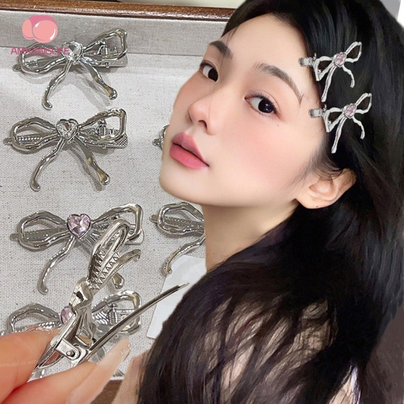1/2 ชิ้นเงินโลหะโบว์กิ๊บ-ผู้หญิงสาวหัวใจหวาน พลอยเทียม โบว์กิ๊บ-ที่เรียบง่ายที่สง่างามกิ๊บอุปกรณ์ผม