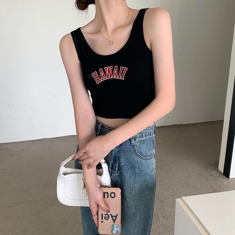 เสื้อกล้าม เสื้อสายเดี่ยว ทรงสปอร์ต ใส่ชิวๆ ผ้าปักลายอักษรอังกฤษ