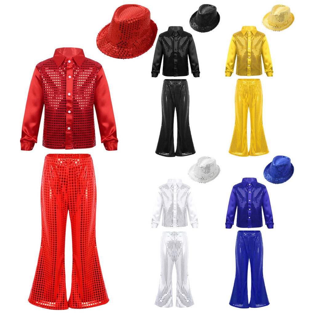 Yeahdor Kids Boys Jazz Dance Outfit Sequined Long Sleeve Spread Collar Shirt with Hat Elastic Waistband Flared Pants