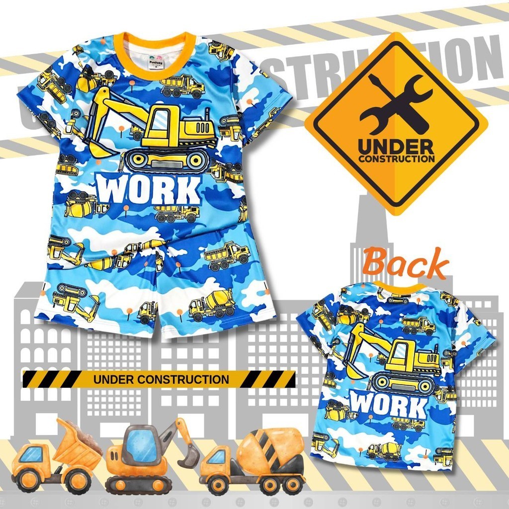 TR0647#2 เสื้อผ้าเด็ก เสื้อแขนสั้น+กางเกงขาสั้น ลายรถดั๊มพ์ รถแมคโคร รถก่อสร้าง ผ้าไมโครเกรดA ชุดเด็ก ชุดเด็กลายการ์ตูน