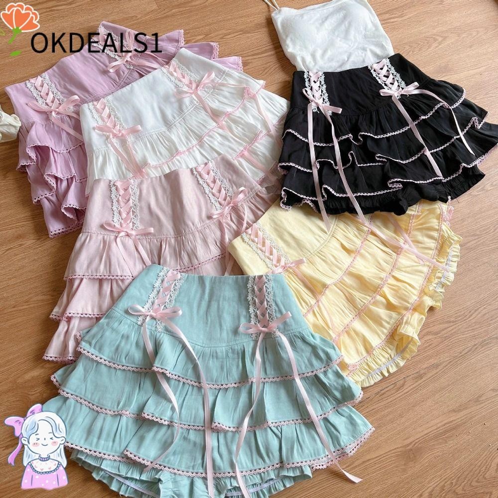 Dealshop กระโปรงมินิ, Harajuku เอวสูง Tiered กระโปรง, นางฟ้าญี่ปุ่น Y2k Elastic Band Bow Lace-up A-Line กระโปรงผู้หญิงสาว