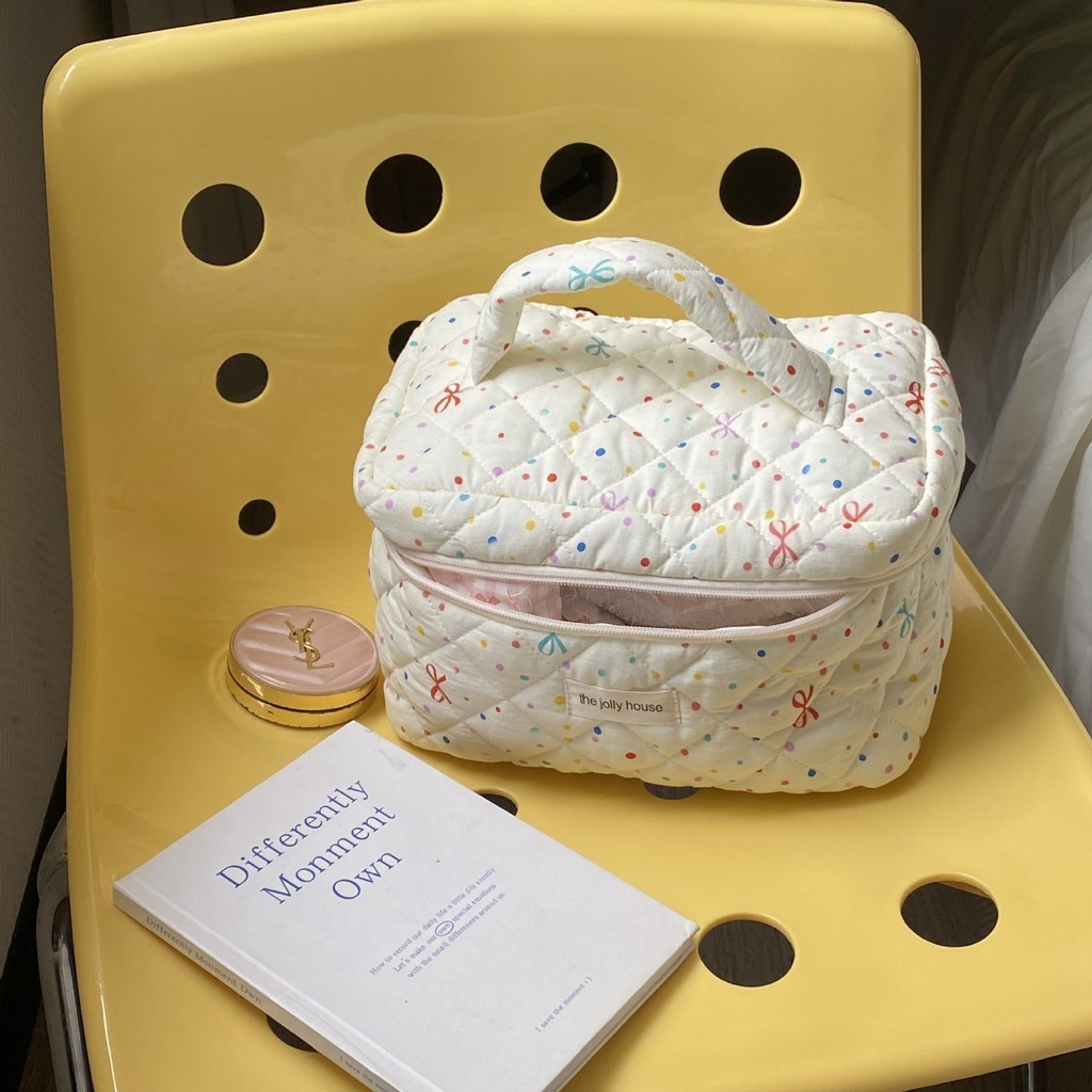 Ins High-Appearance Dotted Bowknot Cosmetic Bag ความจุขนาดใหญ่แบบพกพาแบบพกพา Outing Storage Toiletry