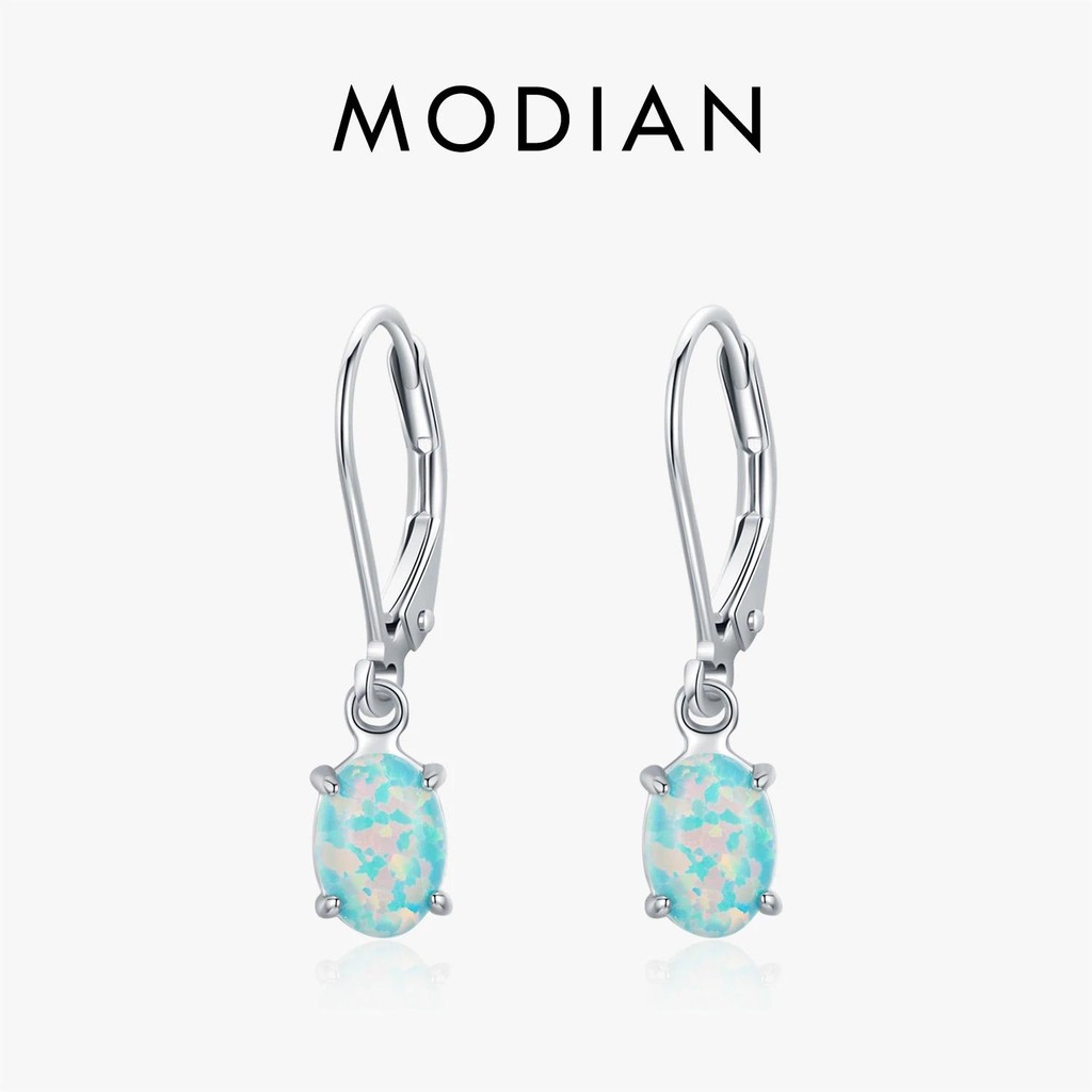 Modian 925 เงินสเตอร์ลิงหรูหราประณีตสีเขียวรูปไข่โอปอล Hoop ต่างหูสําหรับผู้หญิงทุกวันวันหยุด Fine เครื่องประดับอุปกรณ์เสริม