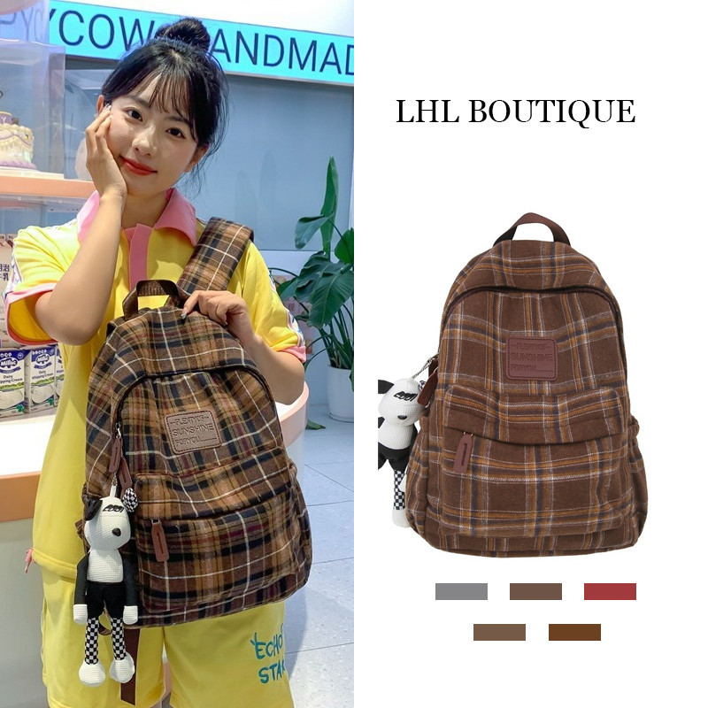 LHL BOUTIQUE กระเป๋าเป้ลายตารางวินเทจ โรงเรียนมัธยม วิทยาลัย ใช้งานได้หลากหลาย สำหรับการเดินทางแบบสบาย