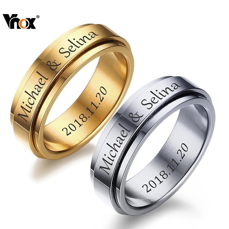 VNOX วีน็อกซ์ ส่วนบุคคลปินเนอร์แหวนสําหรับผู้ชายผู้หญิง6มิลลิเมตรสแตนเลสหมุนได้แต่งงานวงที่กําหนดเองชื่อวันที่แหวน
