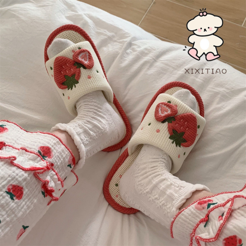 Xixitiao Hemp รองเท ้ าแตะ Four Seasons Sweet Strawberry Soft Sole Home Mute Flat Sole หญิง
