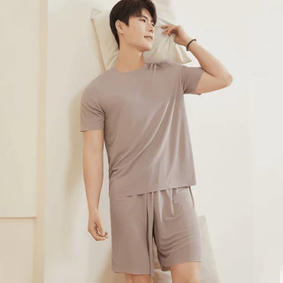 ชุดนอนชายผ้าเย็นระบายอากาศ สีทึบ สวมใส่สบาย เสื้อยืดและกางเกงขาสั้น