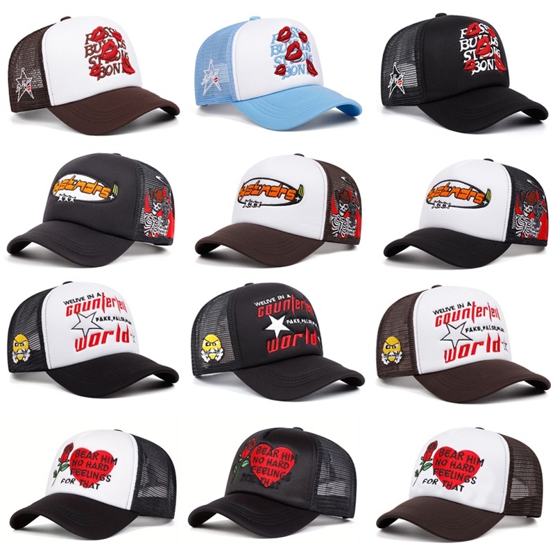 หมวกรถบรรทุกแฟชั่นสําหรับผู้ชาย ผู้หญิงโครงกระดูก/พิมพ์ปาก เย็บปักถักร้อยตัวอักษร หมวกวินเทจ ที่บังแดด หมวกเบสบอล
