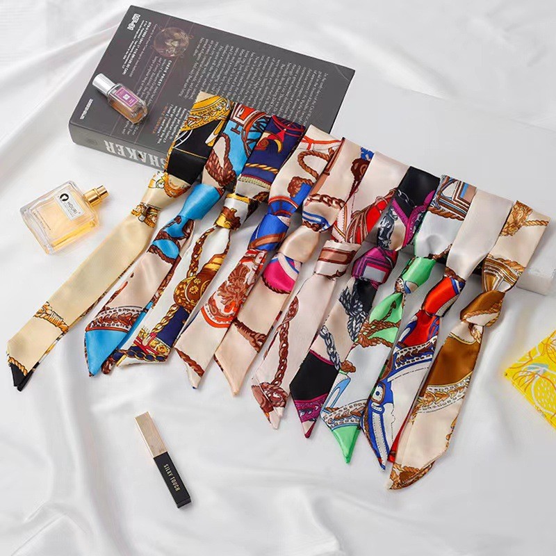 คลาสสิกย้อนยุคตกแต่งบางและแคบผ้าพันคอไหมผูกกระเป๋าที่จับผ้าพันคอไหมผ้าพันคอริบบิ้นขนาดเล็กผ้าพันคอสตรีริบบิ้นผ้าพันคอผู้หญิง