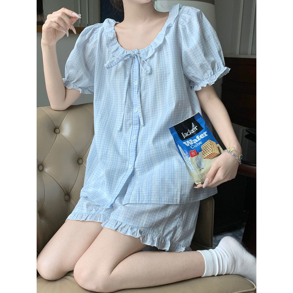 ชุดนอนคอตุ๊กตาสไตล์เกาหลี FDS สำหรับผู้หญิง ฤดูร้อน ลายตารางหวานสดชื่น แขนสั้น กางเกงขาสั้น ชุดนอน