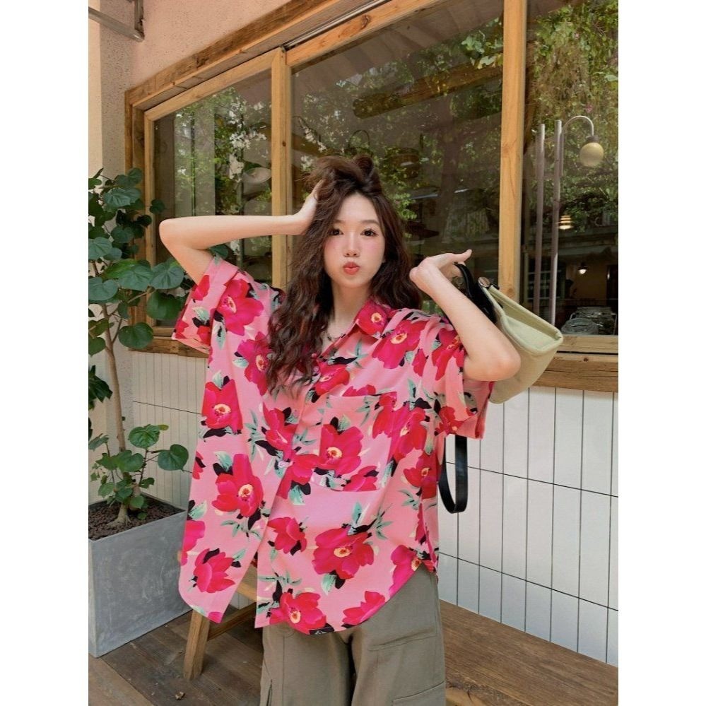 ผู้ชายผู้หญิงสไตล์เดียวกันดอกไม้อินเทรนด์น่ารักเยาวชนยอดนิยมแขนสั้น