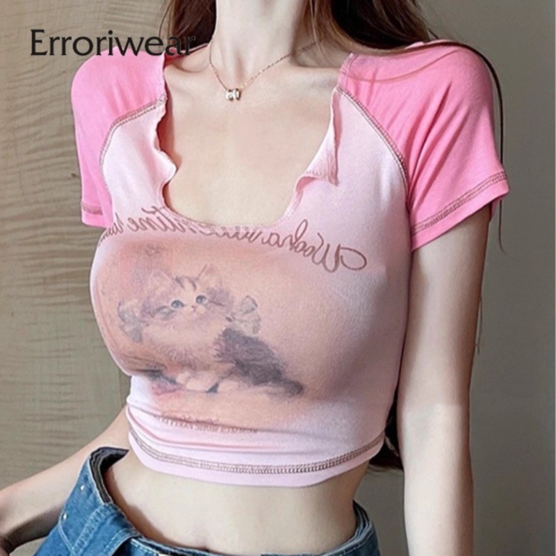 Errokiwear เสื้อยืดแฟชั่นสำหรับผู้หญิง ปี 2025 Tear Mark Design Cat พิมพ์สไตล์ Casual Streetwear