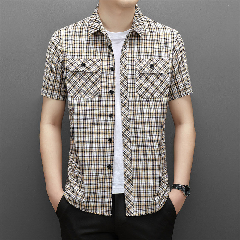 Hunlu เสื้อเชิ้ตลายสก็อตแขนสั้นแฟชั่นชายรุ่นใหม่