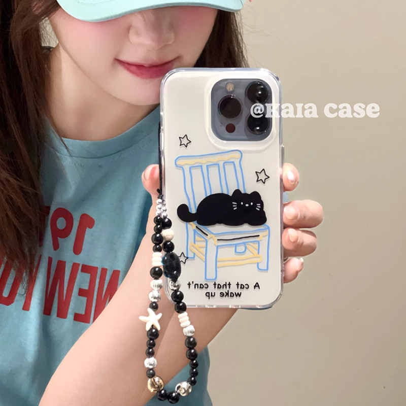 Huiwanju เก้าอี้แมวสีดําการ์ตูนเรียบง่ายเหมาะสําหรับ iPhone16promax เคสโทรศัพท์มือถือ ip13 ใหม่ 15 ผ