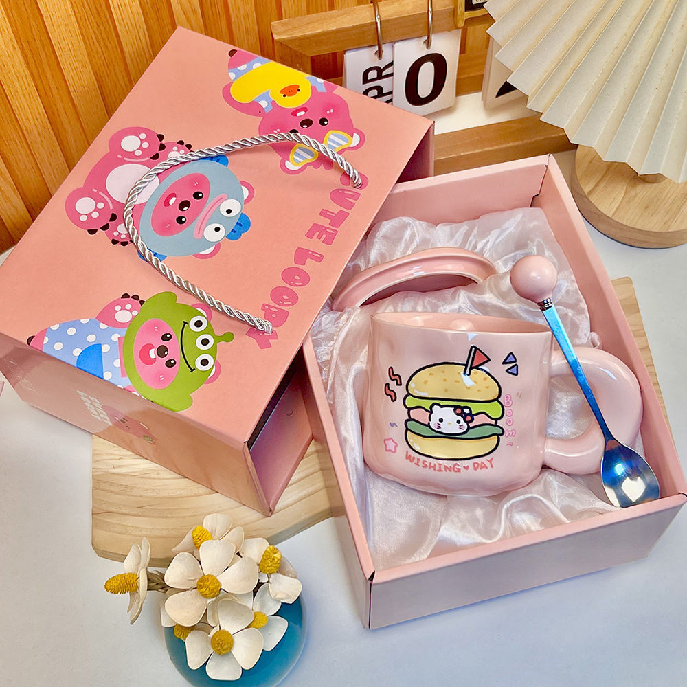 น่ารัก fu เค้กวันเกิดแก้วพร้อมฝาปิดช้อนถ้วยเซรามิกสาวมูลค่าสูงความหมายของขวัญวันเกิดวันเกิด Fufu เค้