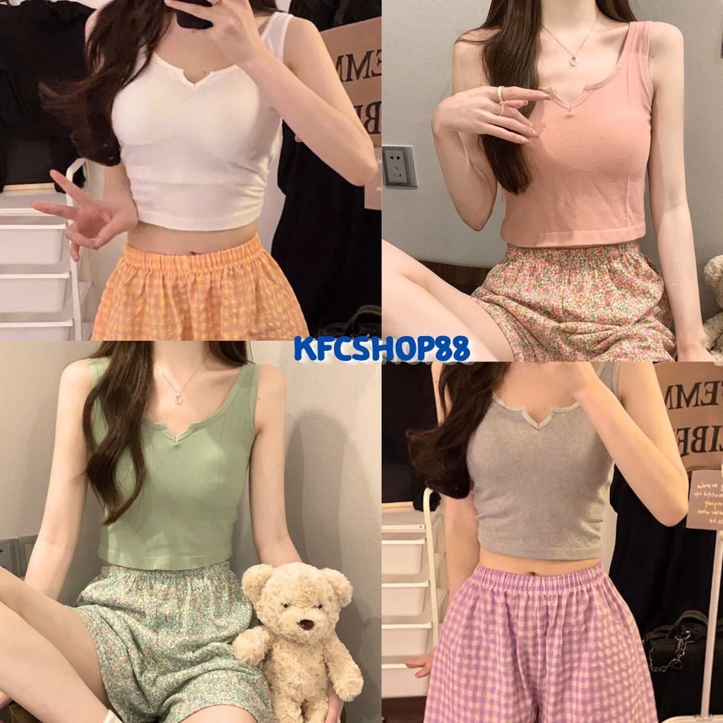 🔷พร้อมส่ง🔷 เสื้อครอปแต่งเว้าคอ แขนกุด มีฟองน้ำ สีพื้น ใส่สบาย #H19