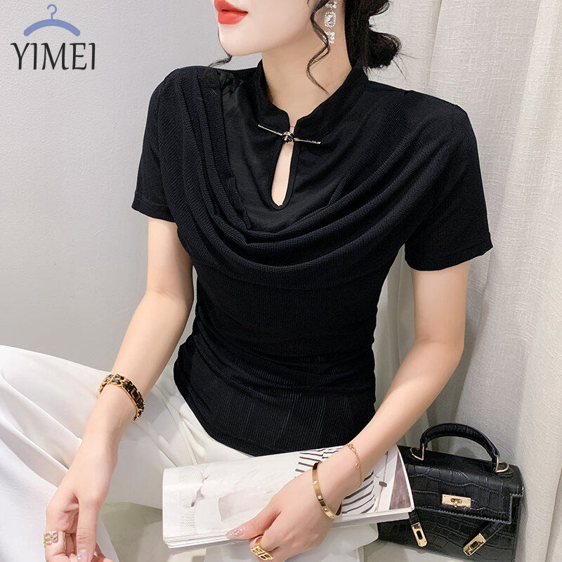 Miou ใหม่ เสื้อยืดแขนสั้น เข้ารูป ติดกระดุม สีดํา สไตล์เรโทร แฟชั่นฤดูใบไม้ผลิ ฤดูร้อน สําหรับผู้หญิง 2024