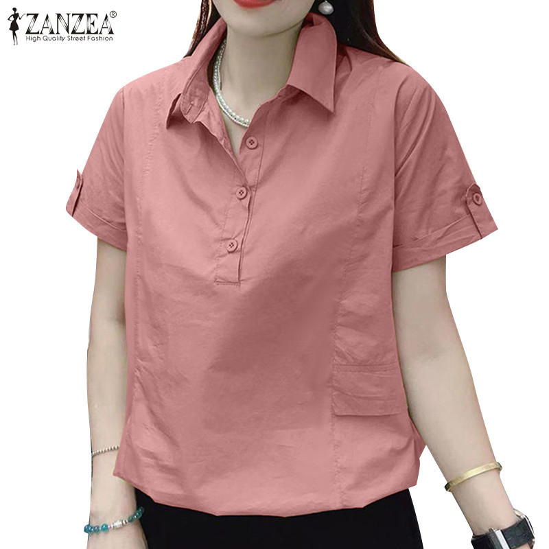Zanzea เสื้อเชิ้ตแขนสั้น คอปก สไตล์เกาหลี สําหรับผู้หญิง