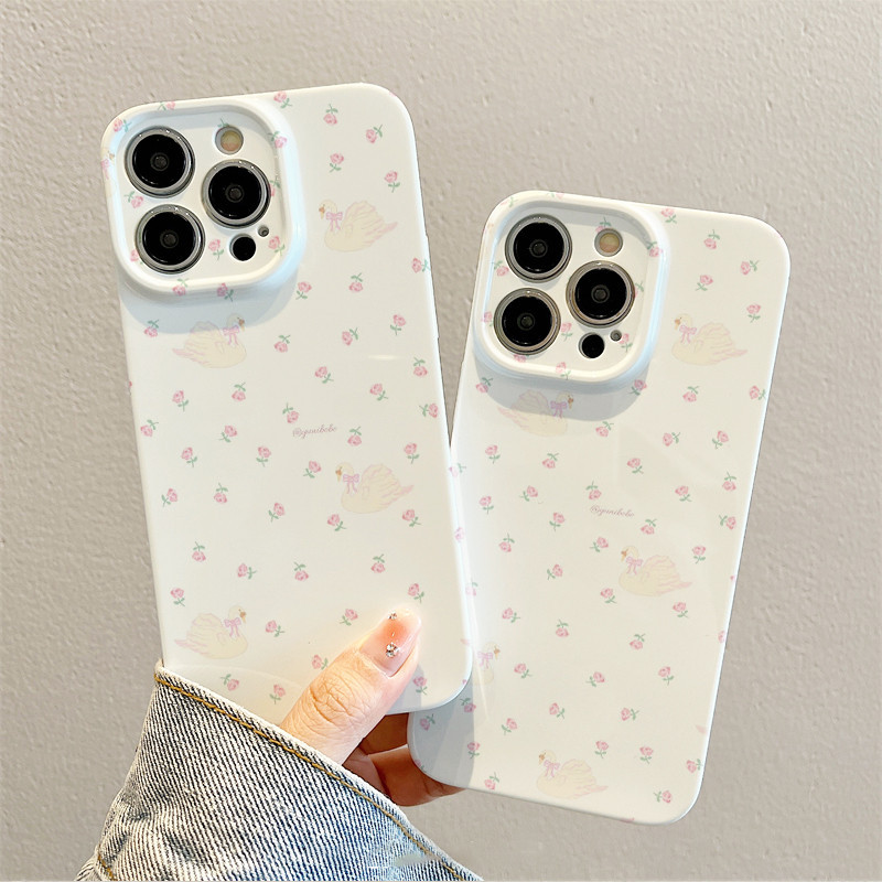 เคสโทรศัพท์มือถือแบบแข็ง กันกระแทก ลายหงส์ และดอกไม้ สําหรับ iPhone รุ่นใหม่ล่าสุด🔥 PC 🔥 เคสกันกระแทก รุ่น 15/14 Pro Max 13/12/11 pro/11/XS Max/XR/X|8/ 7 Plus