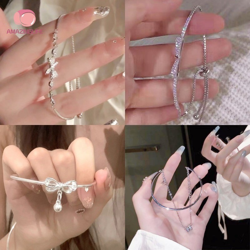 1 ชิ้น แฟชั่น เพชร โบ สายรัด สร้อยข้อมือ หวาน สง่างาม เพทาย ผีเสื้อ กําไลข้อมือ สําหรับผู้หญิง เด็กผู้หญิง น่ารัก สีเงิน สร้อยข้อมือ ปรับได้ เครื่องประดับ