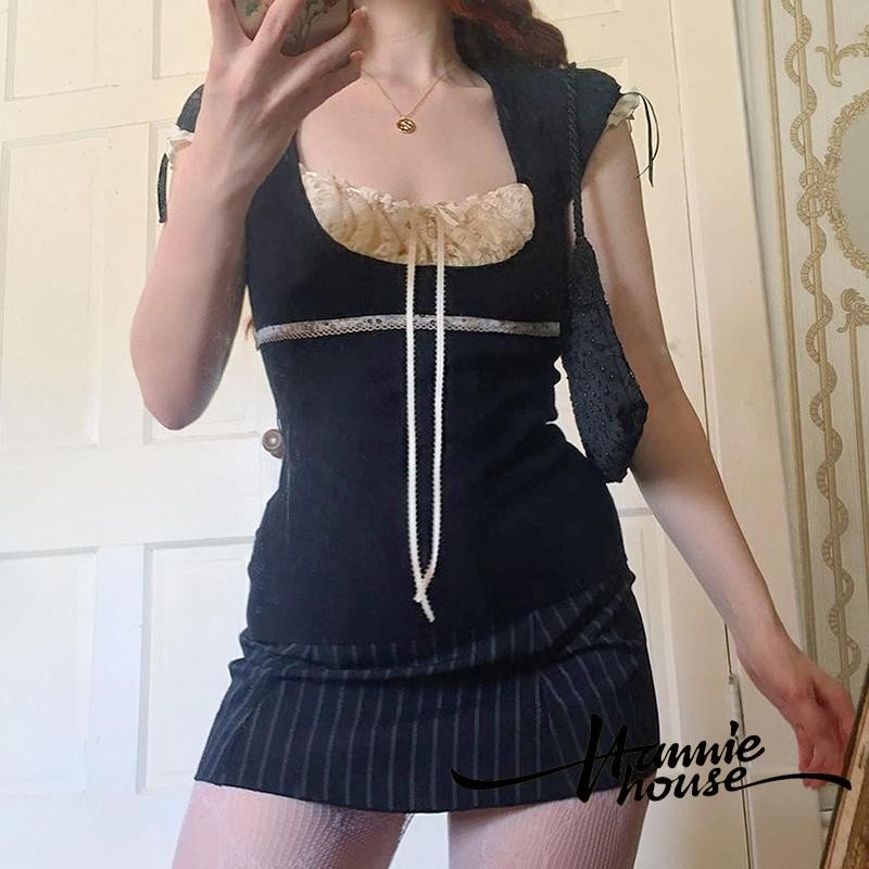 เสื้อยืดแขนสั้น คอยู แต่งจับจีบ แต่งลูกไม้ สําหรับผู้หญิง