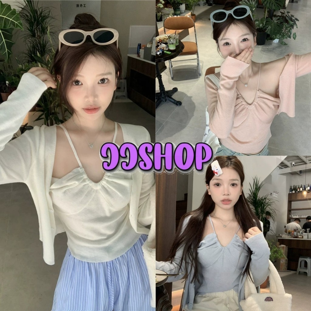 JJ Shop​💜​พร้อมส่ง เสื้อคลุม+สายเดี่ยวไหมพรม สีพาสเทลน่ารัก ใส่สบายมาก "N13+N13-1"