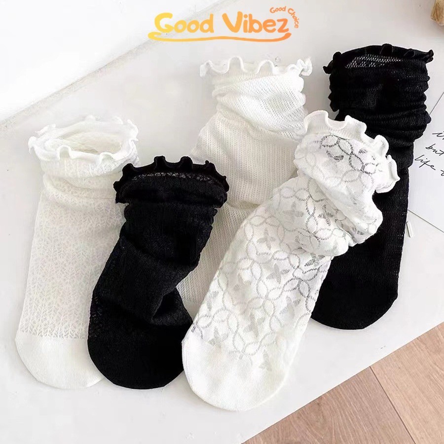 GoodVibeZ ถุงเท้าลูกไม้ ข้อกลาง ผ้าโปร่ง ใส่สบาย ขอบมีระบาย