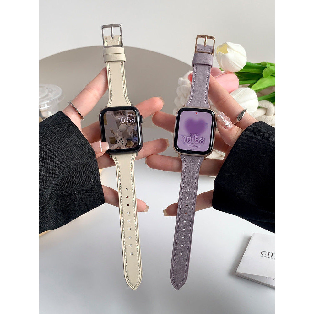 INS รุ่นฤดูใบไม้ร่วงและฤดูหนาว applewatch8รุ่น764321สายหนังลายลิ้นจี่สำหรับนาฬิกา Apple SE ขนาด45มม.