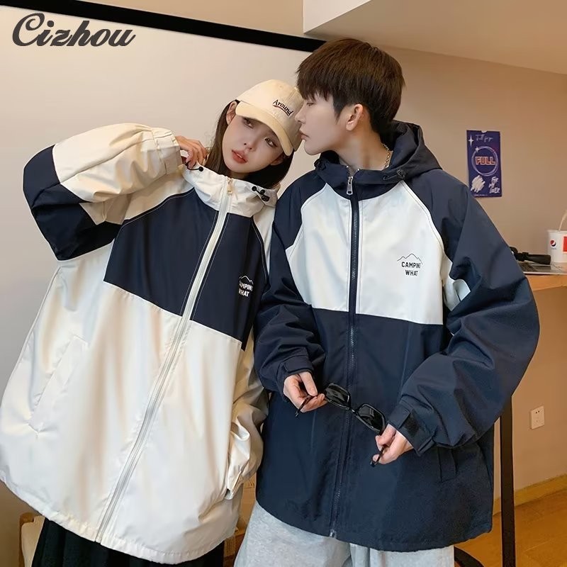 แจ๊กเก็ตผู้ชาย แจ็คเก็ตคลุมด้วยผ้าปิดกั้นสีหลวมและทันสมัยแจ็คเก็ตคู่ฮาราจูกุเสื้อแจ็คเก็ต