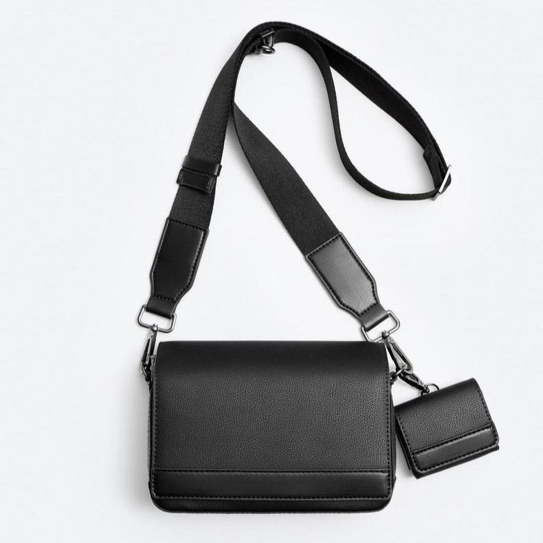 Zara กระเป๋าผู้ชายสไตล์ใหม่ Street Wear Mens Two-in-One Flap Shoulder Bag with Cross Tab Casual Small Square Bag