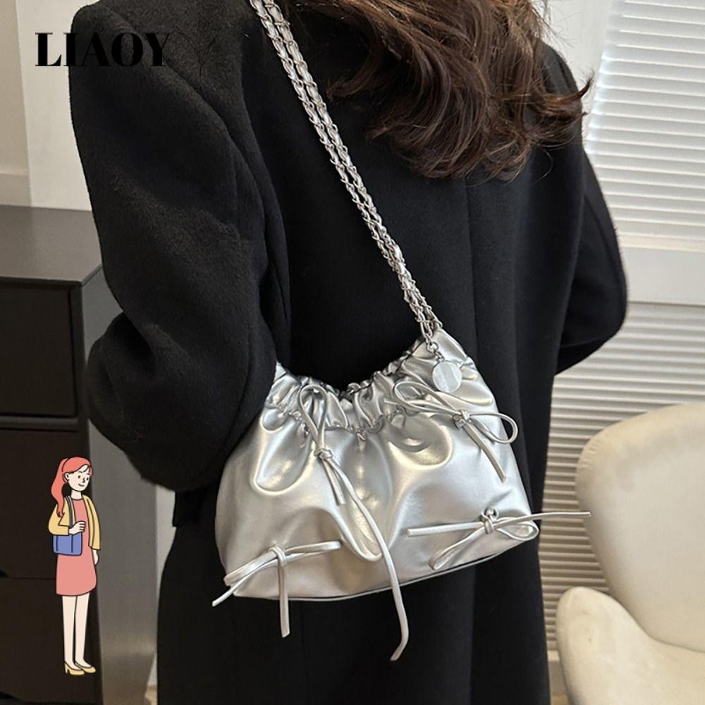 Liaoy Plain Pleated Bag, Casual Plain One-sided Pleated Design Women 's Shoulder Bag, Small PU Leather All-match Bucket Bag Women