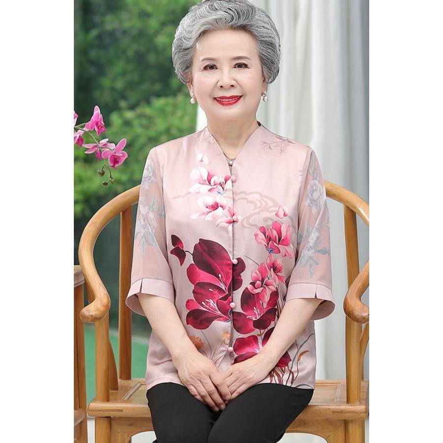 วัยกลางคนผู้สูงอายุฤดูใบไม้ผลิฤดูร้อนชุดหญิงแม่ 5060 ปกผ้าไหมน้ําแข็งสามในสี่กลางแขนเสื้อด้านบนบาง ก
