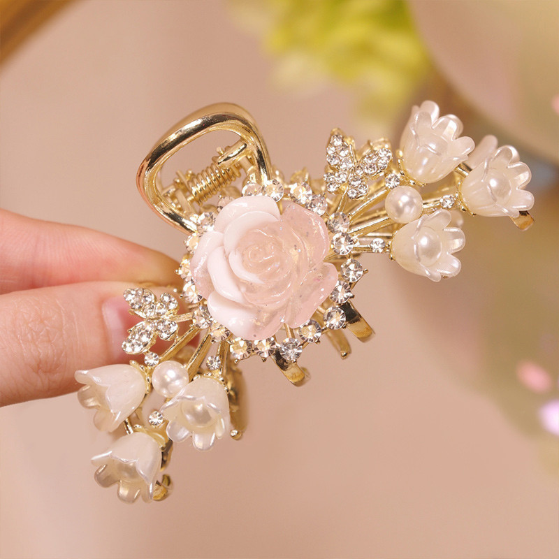 สไตล ์ โมริสีชมพูดอกพีชโลหะสไตล ์ ใหม ่ Rhinestone ผีเสื ้ อผมครึ ่ งผูกคลิปประณีต