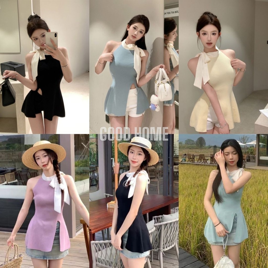 🎀NEW🎀แขนกุด ไหมพรม ผ่าข้าง แต่งริ๊บบิ๊นผูกคอ#B38