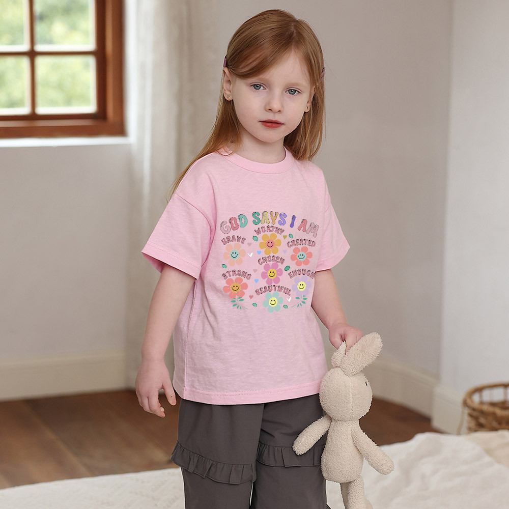 God Says I Am ดอกไม้พิมพ์สาวรอบคอ 10 สี Tee เสื้อเด็กฤดูร้อน Top Tees
