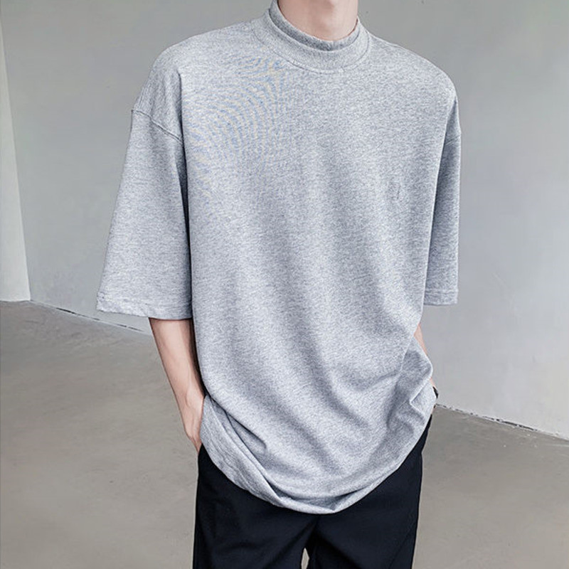 ใหม่เกาหลีสองชั้นครึ่งคอเต่าธรรมดาหลวมสบายๆแขนสั้นเสื้อยืด เสื้อยืดผู้ชาย