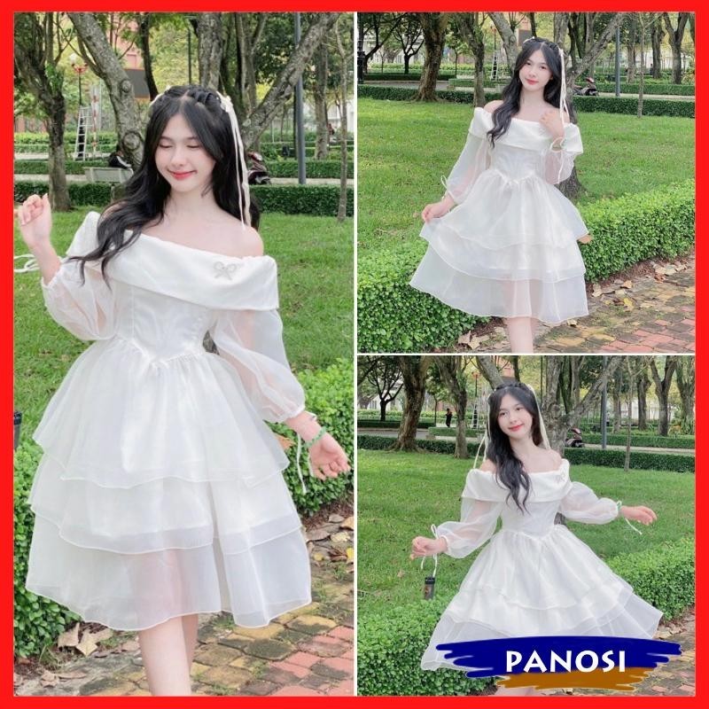 เดรสปาดไหล่เจ้าหญิง 3 ชั้น มีโบว์หินและแผ่นรองหน้าอกในผ้าคุณภาพสูง โวลต์232 แพนซี