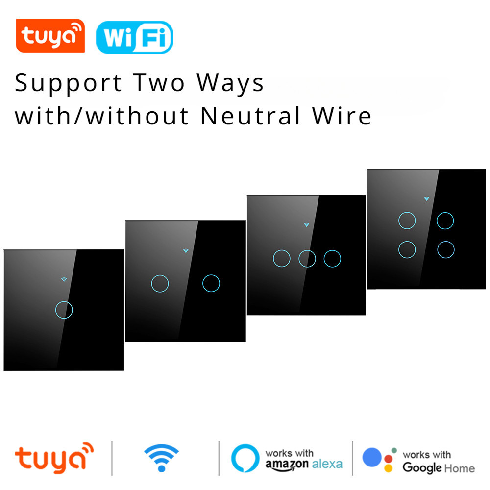 Tuya Wifi Smart Touch Light Switch สวิตช์ไฟ LED ระยะไกลไร้สายไม่จำเป็นต้องใช้สายไฟที่เป็นกลาง 1-4 แก๊งทำงานร่วมกับ Alexa และ Google Home