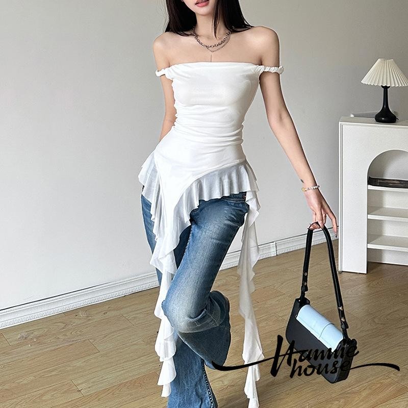 Hannie House- เสื ้ อระบายไหล ่ ไม ่ สมมาตรสําหรับผู ้ หญิง