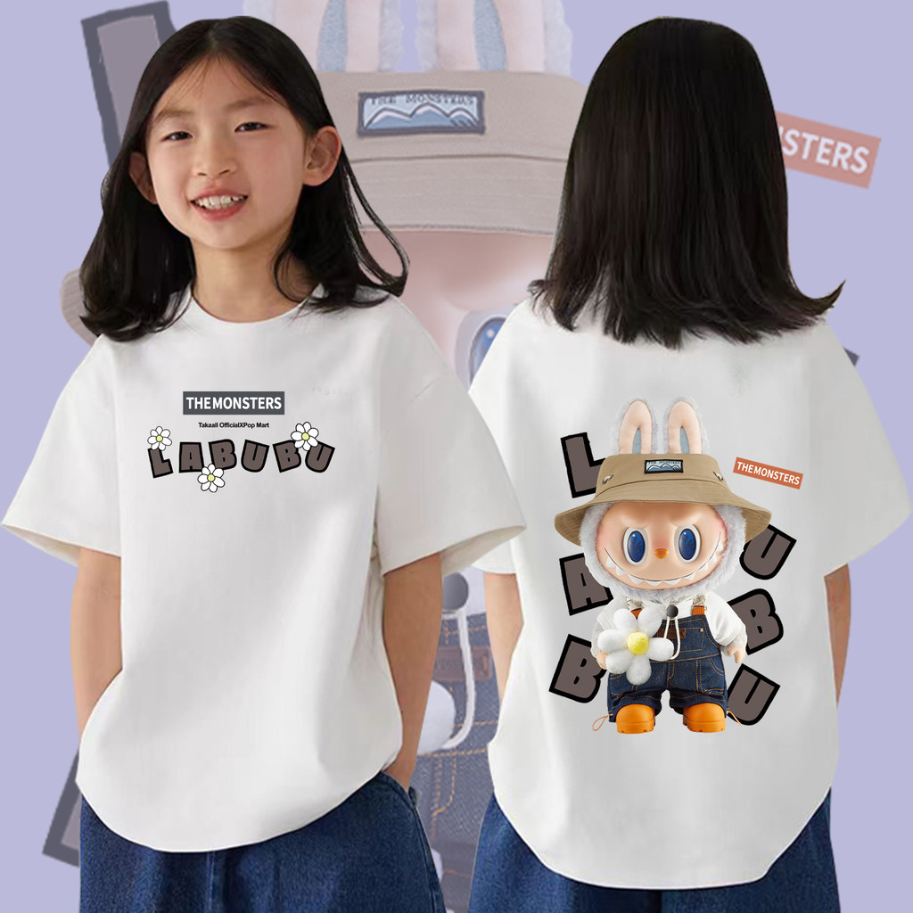 เสื้อยืดผ้าฝ้ายพิมพ์ลายเสื้อยืดแขนสั้นเด็ก Pop Mart Labubu The Monsters เสื้อยืดเด็กแขนสั้นเด็กชายและเด็กหญิง
