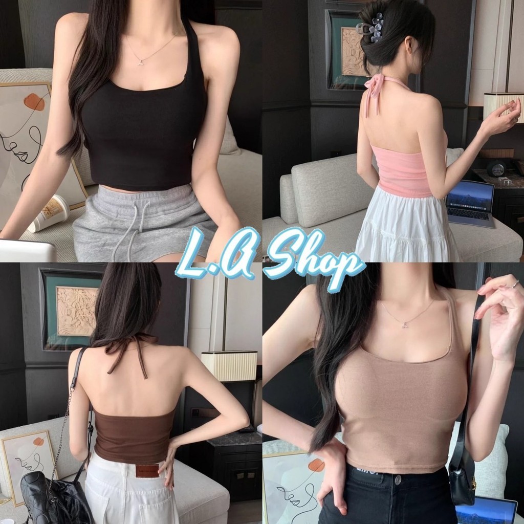 L.A Shop พร้อมส่ง  เสื้อคล้องคอครอปสั้น มีฟองน้ำ ทรงรัดตัว ยืดใส่ง่าย "FYA070"