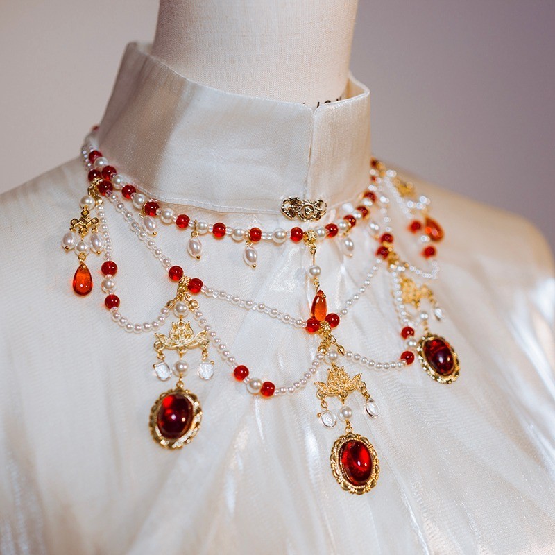 สร้อยคอแฟชั่นหรูหรา หลายชั้น ประดับไข่มุก Yingluo นิ่ม สองชั้น คลาสสิก เครื่องแต่งกาย Hanfu สร้อยคอหญิง