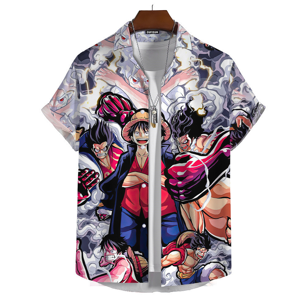 เสื้อเชิ้ตลายอะนิเมะวันพีซลูฟี่สำหรับผู้ชาย เสื้อเชิ้ตแขนสั้นปุ่มลงขนาดบวก เสื้อแนวสตรีทลำลองที่ใส่ได้ทุกวัน
