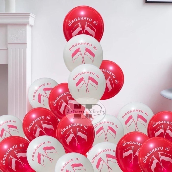 MERAH 50 ชิ้น ลูกโป่งยาง RI Anniversary / ลูกโป่งสีแดงและสีขาว สิงหาคม 17th