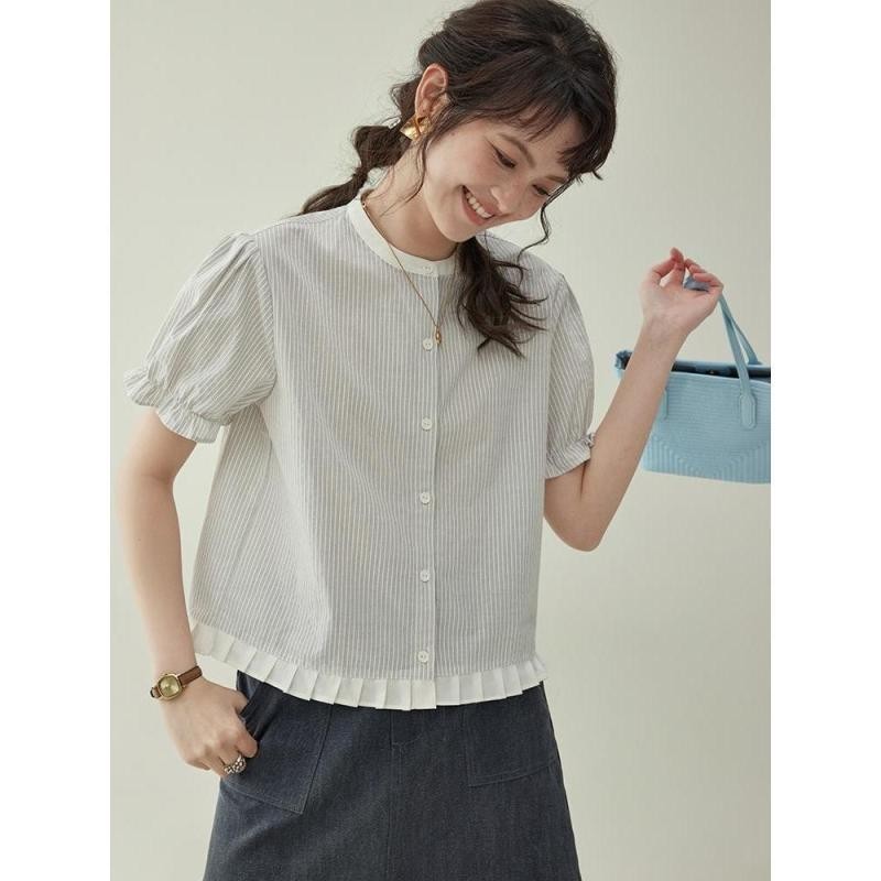 Coco~เสื้อเชิ้ตแขนสั้น คอกลม พิมพ์ลาย สไตล์เรียบง่าย เสื้อผ้าแฟชั่นสตรี