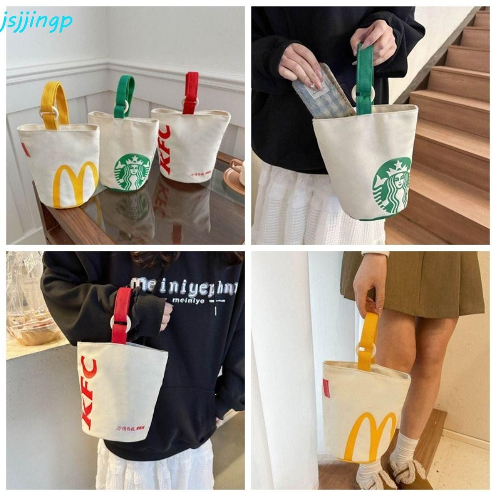 Jsjingp McDonald 's Bucket Bag, Starbucks KFC Canvas Handbag, แบบพกพาความจุขนาดใหญ ่ สไตล ์ เกาหลีถุงอาหารกลางวันถุงช ้ อปปิ ้ งกลางแจ ้ ง