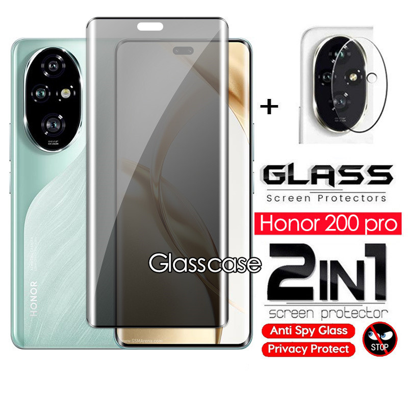 2 IN 1 ตัวป้องกันหน้าจอความเป็นส่วนตัวฟิล์มกระจกนิรภัยสําหรับ Honor 200 pro lite 200pro 200lite 200smart Honor200pro กล้องกลับเลนส์ป้องกันกระจกฟิล์มด้านหน้าป้องกันคลุมทั้งหมด