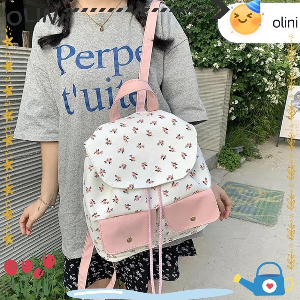 โอลินี กระเป๋าเป้สะพายหลังสาว,กระเป๋าเป้สะพายหลังผ้าใบไนลอนลายดอกไม้,แฟชั่น เชือกรูด ความจุขนาดใหญ่นักเรียนกระเป๋าเป้สะพายหลังกลางแ