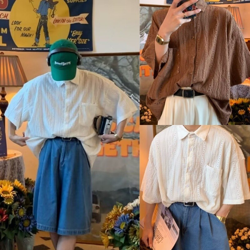 ฤดูร้อน อินเทรนด์เสื้อผู้ชาย เรียบง่าย คอเหลี่ยม ยอดนิยมทุกวันเสื้อเชิ้ตผู้ชาย